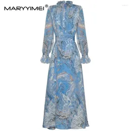 Casual Dresses MARYYIMEI Fashion Designer Women's 2024 Spring Stand-Up Collar Long-Sleeved Flounced Edge Lace-Up Printed Ball Gown Long