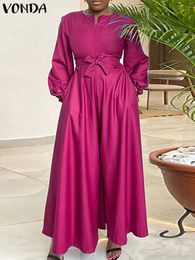 Plus Size VONDA Elegant Long Jumpsuit 2024 Women Rompers Autumn Long Lantern Sleeve Zipper Solid Casual Wide Leg Pants Belted 240328