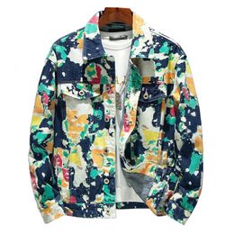 Mens Forest Camouflage Print Denim Jacket Loose Turn Down Collar Cargo Jean Coat Pockets Outerwear 240319