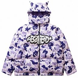 hip Hop Removable Hood Jacket Parkas Streetwear Camoue Devil Horn Thicken Warm Bubble Padded Coats Harajuku Puffer Jackets p4Ei#