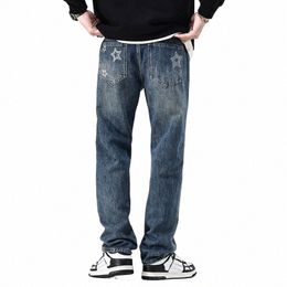 casual Vintage Blue Ripped Jeans For Men Star Printed Male's Trousers Zipper Fly Lg Pants 22kA#