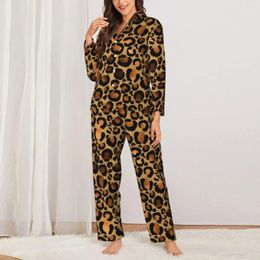 Home Clothing Pajamas Women Elegant Brown Leopard Night Sleepwear Wild Animal Two Piece Aesthetic Pajama Set Long Sleeve Oversized Suit