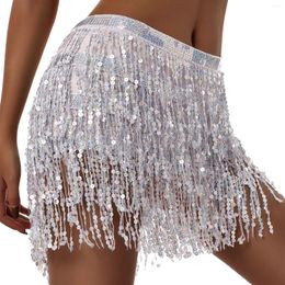 Skirts Women Sexy Belly Skirt Sequined Fringe Miniskirt With Adjustable Waist Straps Mini For Dance Performance Rave Party