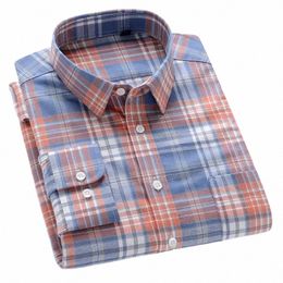 men's 100% Cott Brushed Lg Sleeve Cheque Shirts Wed Single Pocket Soft Comfortable Casual Fi Slim Fit Butt Shirts D7oC#