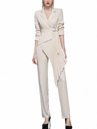 newest Designer Women Fi Blazer 2 Pieces Set Patchwork Vintage Suit Jackets Straight Pantsuit Female Chic Outfits L0Gm#