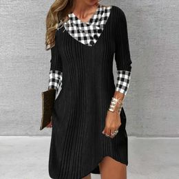 Casual Dresses Women Fall Winter Dress V Neck Plaid Print Color Matching Loose Long Sleeve Patchwork Striped Soft Warm Lady Above Knee