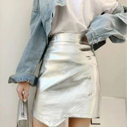 Skirts Buttons Irregular Silver Metallic PU Leather A-line Short Skirt