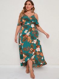 Finjani Womens Plus Size Dresses Slip Shoulder Tropical Print Hem Cami Dress Casual Clothing For Summer 240321