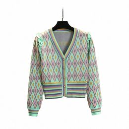 luxury Beaded Argyle Palid Lg Sleeve Knitted Cardigan Top Women Autumn V-neck Single-Breasted Ruffles Trim Crop Top Sweater v4o8#