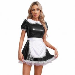 women Maid Cosplay Dr Halen Theme Party Roleplay Clothes Glossy Patent Leather Dres with Lace Headband Apr Nightwear r5CE#