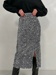 Silver Black Sequin Skirt Women Elegant Vintage Punk Evening Dress Slit Sexy Summer Long High Waist Midi Skirts For 240323