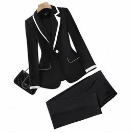 black Women's Formal Suit Sets Patchwork Jacket And Trousers Casual Pantsuit Office Balzer 2 Piece Female Outfits ropa de mujer b5UG#