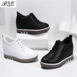 Casual Shoes Hide Heel Genuine Leather Women Fashion Sneakers Lace Up Height Increasing White