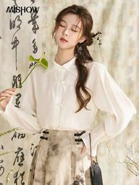 Women's Blouses MISHOW Chinese Style Lapel Shirt 2024 Spring Retro Button Pearl Embellishments Folded Cuffs Petal Sleeve Loose Top