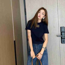 Women's T Shirt designer tee miui Spring/Summer New Letter Gold Thread Embroidery Round Neck Short Sleeve T-shirt Women Slim Fit Versatile Short Top Trendy