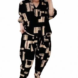 women's Suit 2023 Summer New Casual Korean Loose Print Tops Harem Pants 2 Peice Set Matching Trendy Plus Size Clothing For Women I9aw#