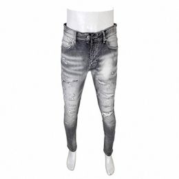 street Fi Men Jeans High Quality Retro Gray Stretch Skinny Fit Hole Ripped Jeans Men Patched Designer Hip Hop Brand Pants g3GE#