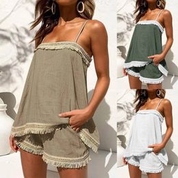 Summer 2 Piece Set Outfits Women Sexy Solid Color Boho Sling Tassel Shorts Sets Ladies Halter Fringe Top Beach Femme 240328