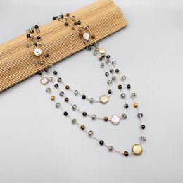 Pendants FoLisaUnique Multicolor 6mm Tigers Eye Coin Pearl Necklace Crystals Stone Cord Trendy Jewellery Champagne Beige