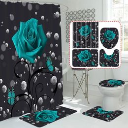 No Ring Shower Curtains for Bathroom 4 Pcs Rose Toilet Lid Cover And Mat Set Accessories Curtain Sets With Non 240328