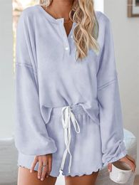 Women's Sleepwear Women 2 Piece Pyjamas Set Long Sleeve Half Button Up Sweatshirt And Ruffle Drawstring Shorts Cosy Sweatsuit Casual Cute