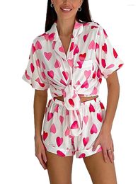 Home Clothing Women S 2Pcs Pyjama Set Short Sleeve Heart Print Loose Shirt Shorts Loungewear PJs Sleepwear