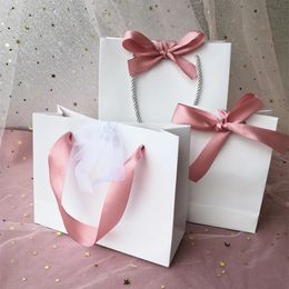 10pcs Gift Bag Present Paper Bag With Ribbon Wedding Pack Box Favours Birthday Party Bags /Pajamas Clothes Wig Packaging 240322