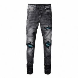 street Fi Men Jeans Retro Black Gray Stretch Skinny Fit Ripped Jeans Men Blue Leather Patched Designer Hip Hop Brand Pants 80rb#