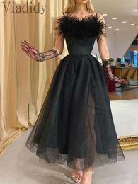 Casual Dresses Women Elegant Solid Colour Spaghetti Strap Feather Decor High Waist Big Swing Party Dress