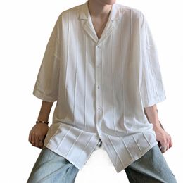 told Tale Casual Simple Men's Solid Pleated Blouse Lapel Short Sleeve Butt Streetwear Male Loose Leisure Shirts Men Clothing 80y9#