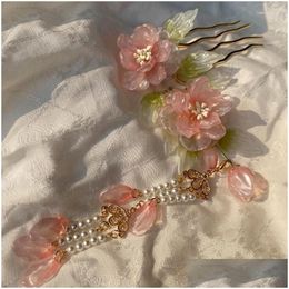 Hair Clips Barrettes Colored Glaze Wrapped Flower Comb Han Chinese Clothing Accessories Tassel Buyao Clasp Antique Drop Delivery Jewel Ot2Km