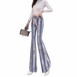 ctrast Colour Striped Flared Jeans Woman Push Up Boot-Cut Pants Ladies 2023 Tall Denim Trousers Female INS Pantales Mujer 43vx#