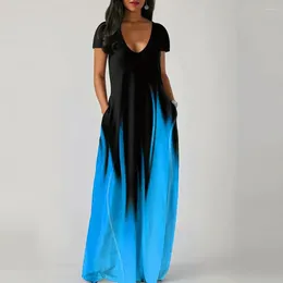 Casual Dresses Lady Long Dress Gradient Color V Neck Maxi With Pockets For Women Soft Breathable Summer Wear Floor Length Loose