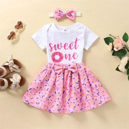 Clothing Sets Baby Girls Sweet One Print Summer Skirt Short Sleeve Letter Donut Romper Tulle Headband