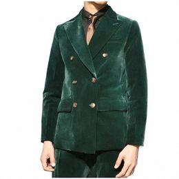 veet Men's Suits 2 Pieces Emerald Green Peaked Lapel Double Breasted Blazer Sets Wedding Formal Groom Custom Made Jacket+Pants h49E#