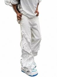 american Style Erosi Damage Raw Edge Street Jeans Men's Harajuku Style Hip-hop Dance Straight White Jeans Women's Y2k Clothing O9TV#