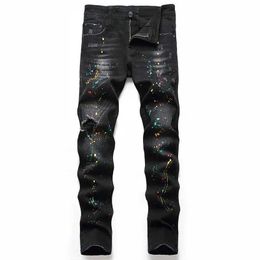 Men's Jeans Black Trousers Regular Hole Large Size Personalised Trendy Pants European and American Jeans Denim Mens New Elasticity J240328