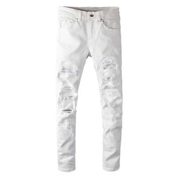 Men's Jeans Sokotoo mens white crystal hole torn jeans fashionable slim fitting rhinestone elastic denim pants J240328