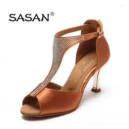 Dance Shoes Adult Sneakers Ballroom Latin Shoe Woman Girl Soft Bottom SASAN S-1271 Import Satin Salsa Wear-resistant Cowhide Sole HEEL