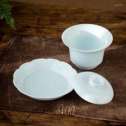 Teaware Sets Shadow Celadon Cover Bowl Teacup Handmade Three Single Relief Chinese Tea Set With