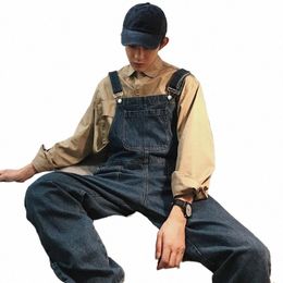 denim Jumpsuits Male Solid Basic Overalls High Street Man New Hot Sale Blue Vintage Fi 2023 Man Casual Loose Wild Jumpsuit S29S#