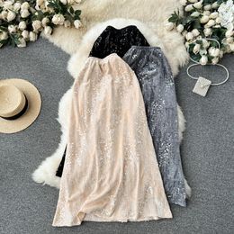 Skirts Retro Velvet Long Skirt Autum Winter Luxury Sequins Slim Midi Y2k Streetwear