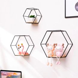 Racks Wall Mounted Hexagonal Shelf Metal Framed Display Rack With Wooden Board Wall Decor Floating Wall Storage Holder Home Decoration