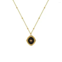 Chains Black Glazed Eight Pointed Star Oval Pendant With Colour Retention Titanium Steel Plated 18k Gold Vintage Pattern Ins Necklace