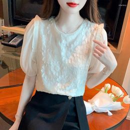 Women's Blouses Summer Puff Sleeves Chiffon Shirt Women Casual O-Neck Blouse 2024 Fashion Small Short Sleeve Tops 27161