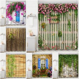 Shower Curtains Flower Wall Curtain Street View Spring Greenery Vines Bamboo Farm Brick Home Bathroom Decor With Hooks