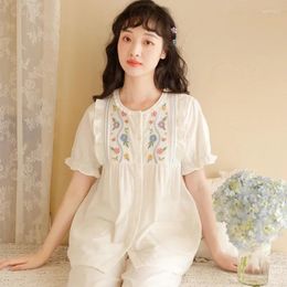 Home Clothing Vintage Embroidery Cotton White Pyjama Sets For Women Short Sleeve Long Pants Summer Loose Cardigan Plus Size Sleepwear