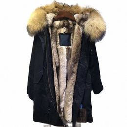 Svart LG Fur Parka Natural Racco Fur Hoodies Casual Faux Rabbit Fure fodrad Mr och Mrs Winter Wear L2Jo#