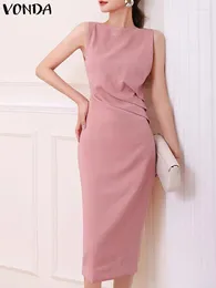 Casual Dresses VONDA Elegant Shirt Dress Women Summer Sundress 2024 Fashion Sexy Sleeveless Solid Colour Zipper Pleated Midi Vestido Robe