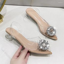 Dress Shoes 2024 Arrival Burgundy Pointed Transparent Sandals Stiletto Rhinestone Sexy Baotou High Heels Wedding